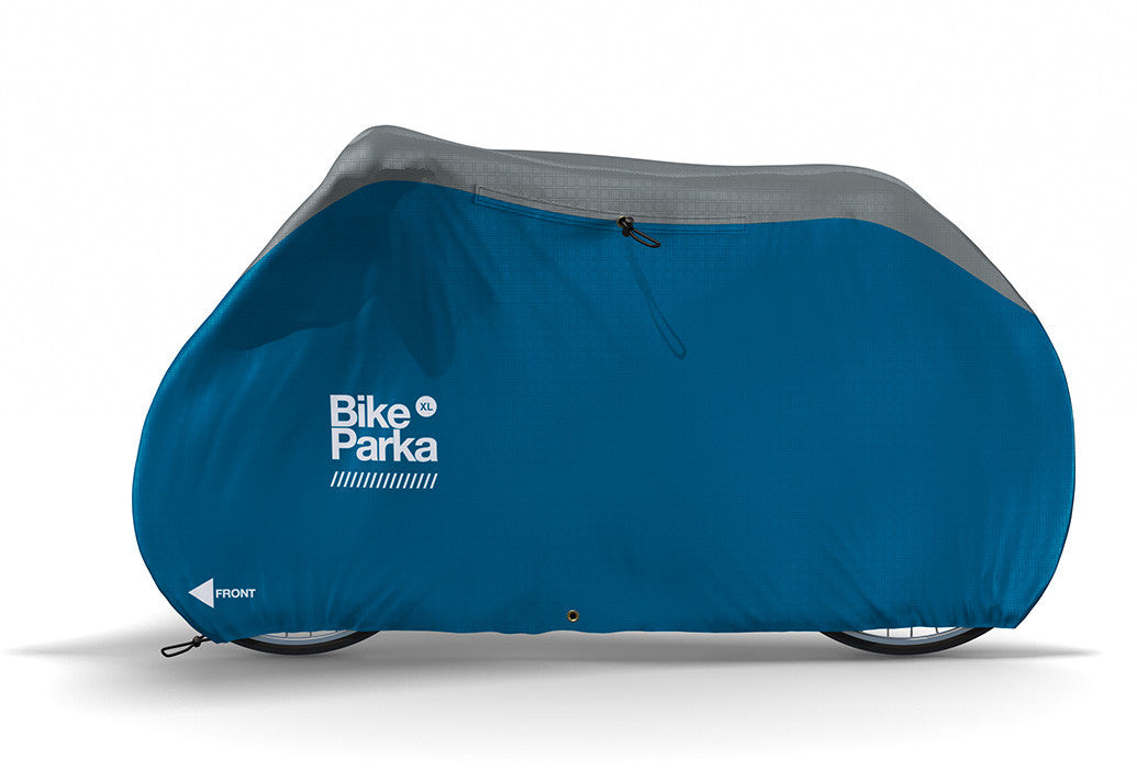 Oversized waterproof bike cover protecting large-frame MTB outdoors
